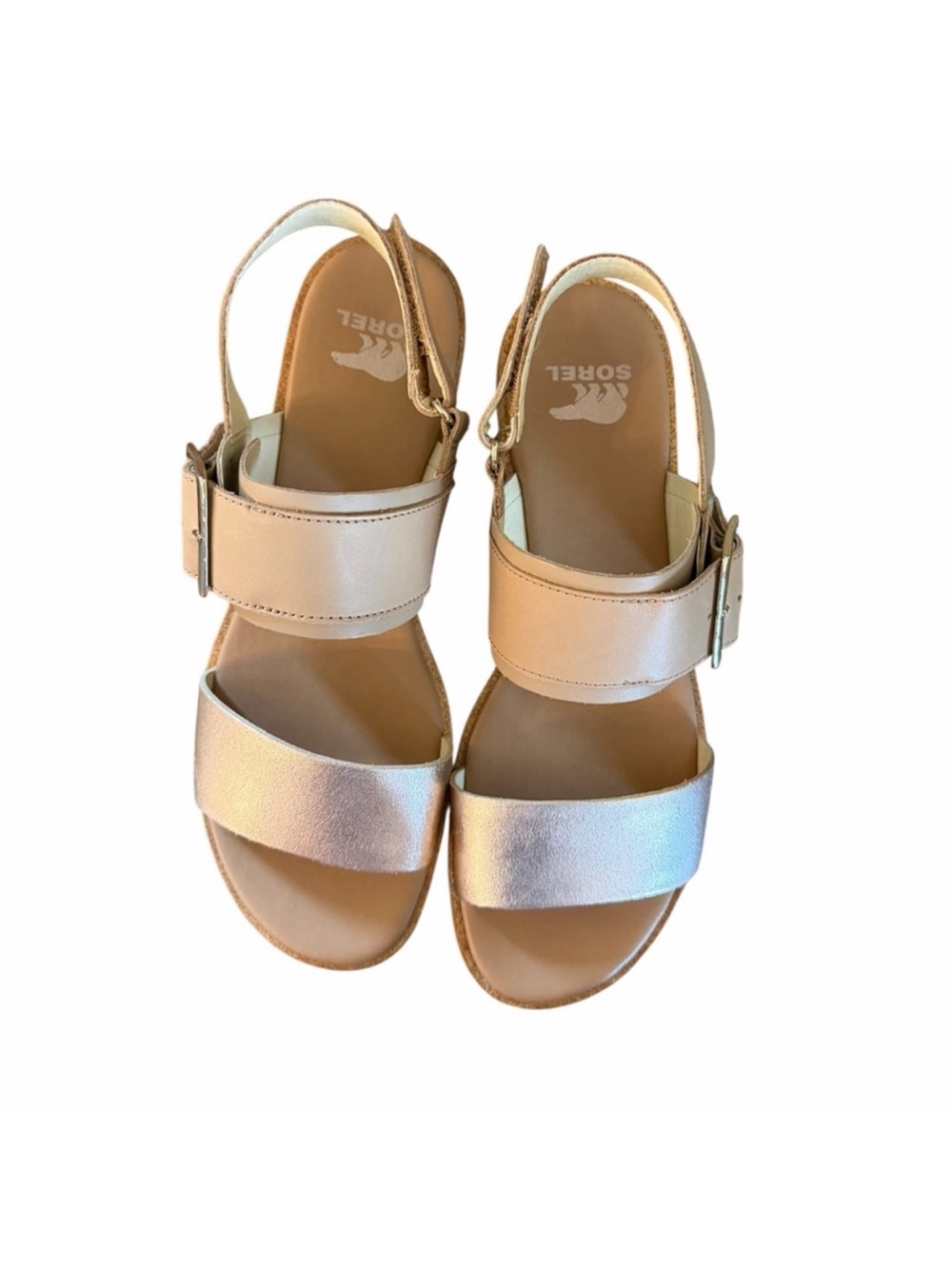 Sorel Ella III Tan and Metallic Leather Flat Sandal Size 7 - Picture 4 of 10